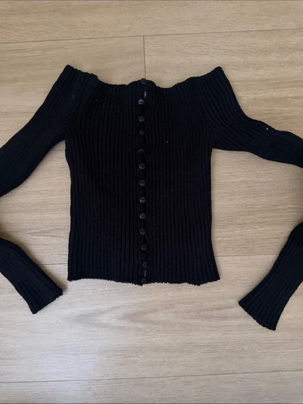 Maison Cleo Black Ribbed Off-Shoulder Button-Front Women's Sweater